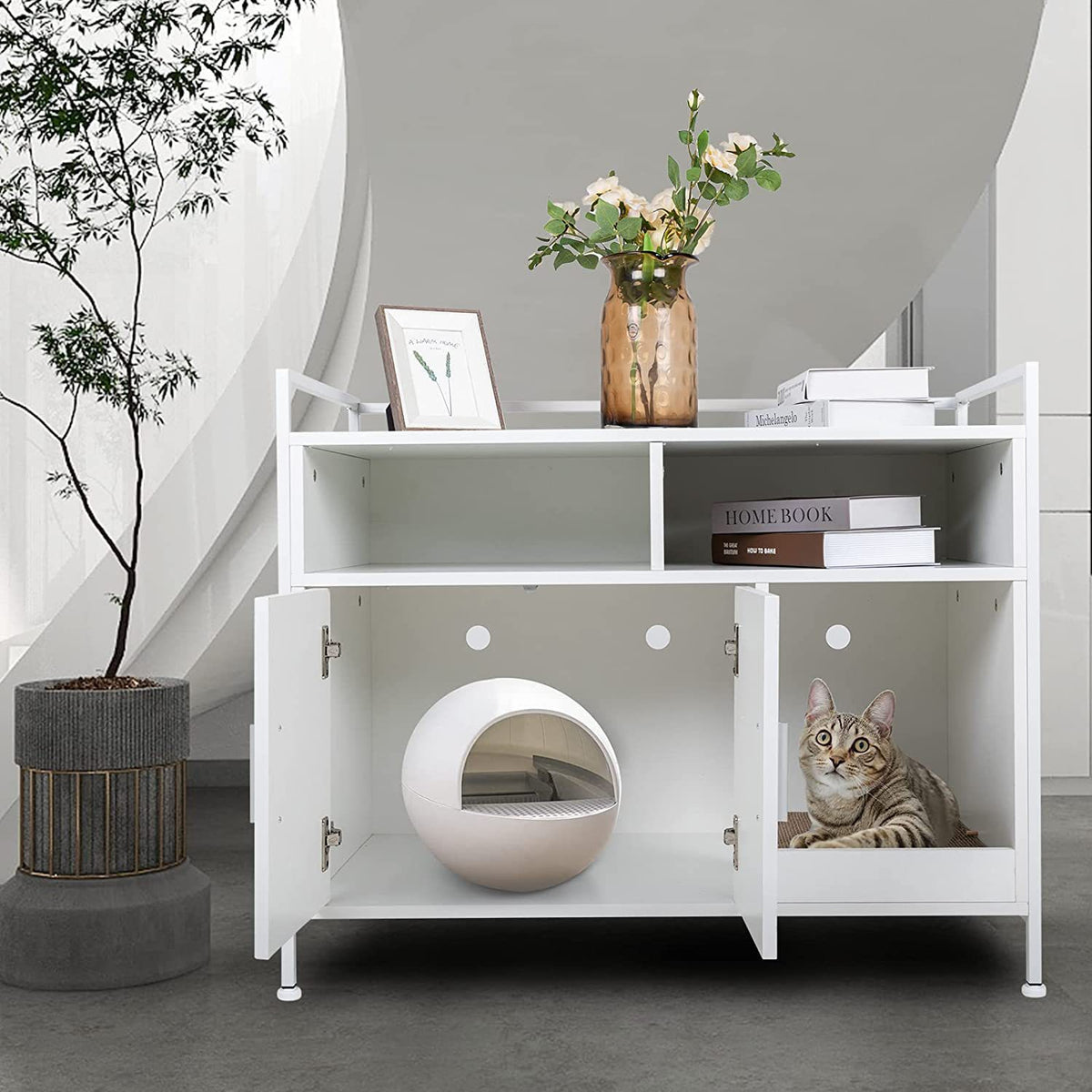 Weide kattenbakkast met opbergruimte, wit