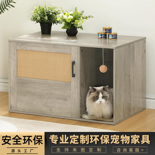 Riet kattenbakkast met rotan deur