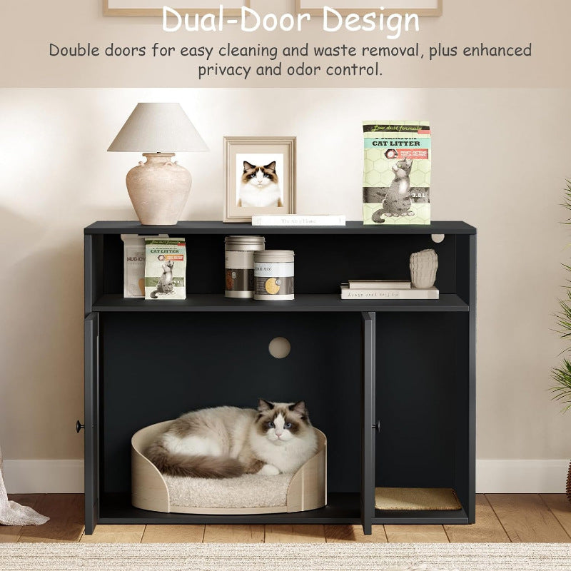 Veen kattenbakkast met ribbeldeuren, zwart