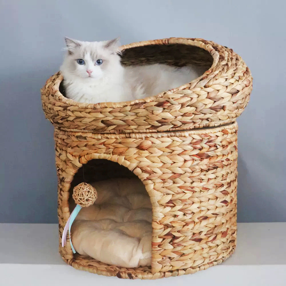 Woonwild Duiventil dubbel kattenbed in rotanlook, Gevlochten gras